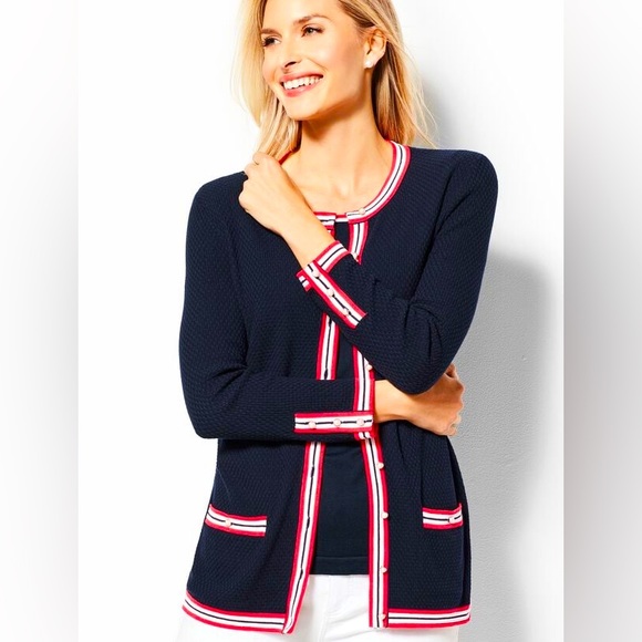 Talbots Blue with Red Trim Textured Tipped Cardigan Sweater‎ XS - Picture 1 of 8